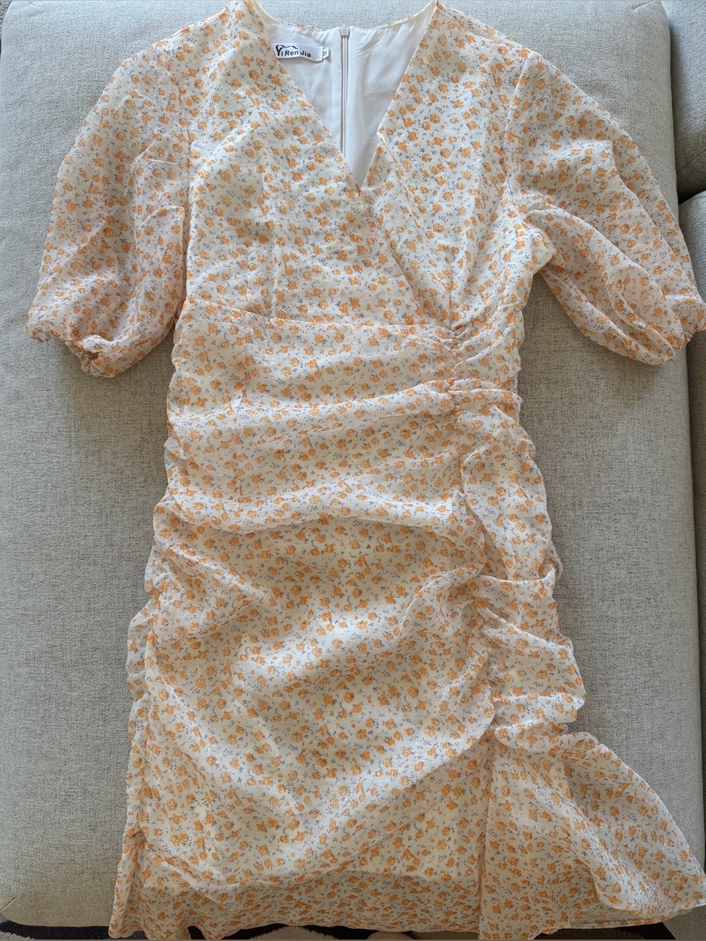 Floral Puff-Sleeve Wrap Midi Dress in Cream & Orange